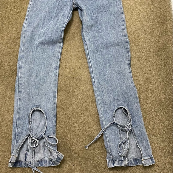 Denim - HIGH WAIST STRAIGHT LEG JEANS WITH ANKLE TIES